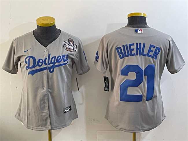 Womens Los Angeles Dodgers #21 Walker Buehler Grey 2024 World Series Cool Base Stitched Jersey(Run Small)